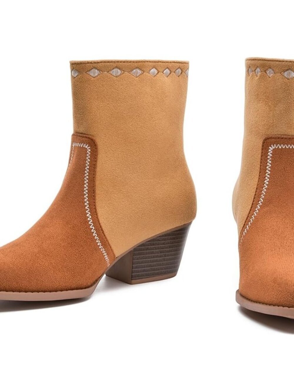 Women's Brown Western Boots Cowgirl Low Chunky Heel Pointed Toe Mid - Picture 4 of 5